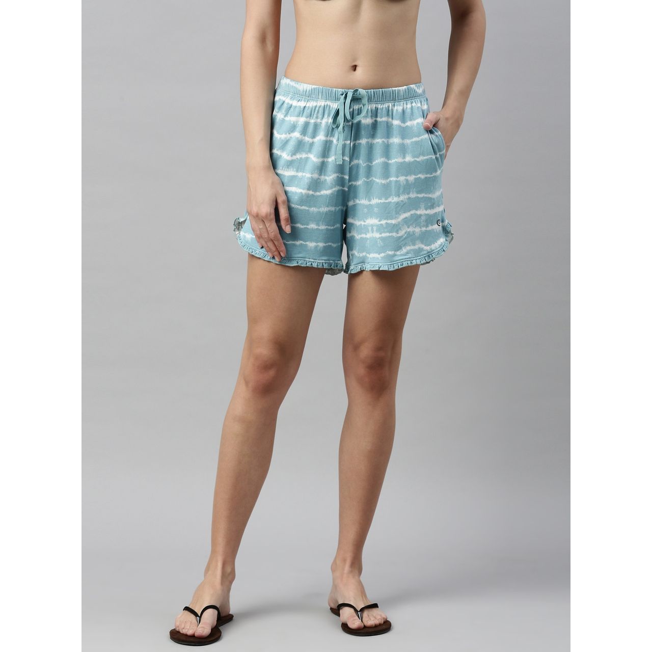 Enamor Essentials EC14 Women s Viscose Printed Ruffled Trim Tee And Shorts Set | Bali Green | S