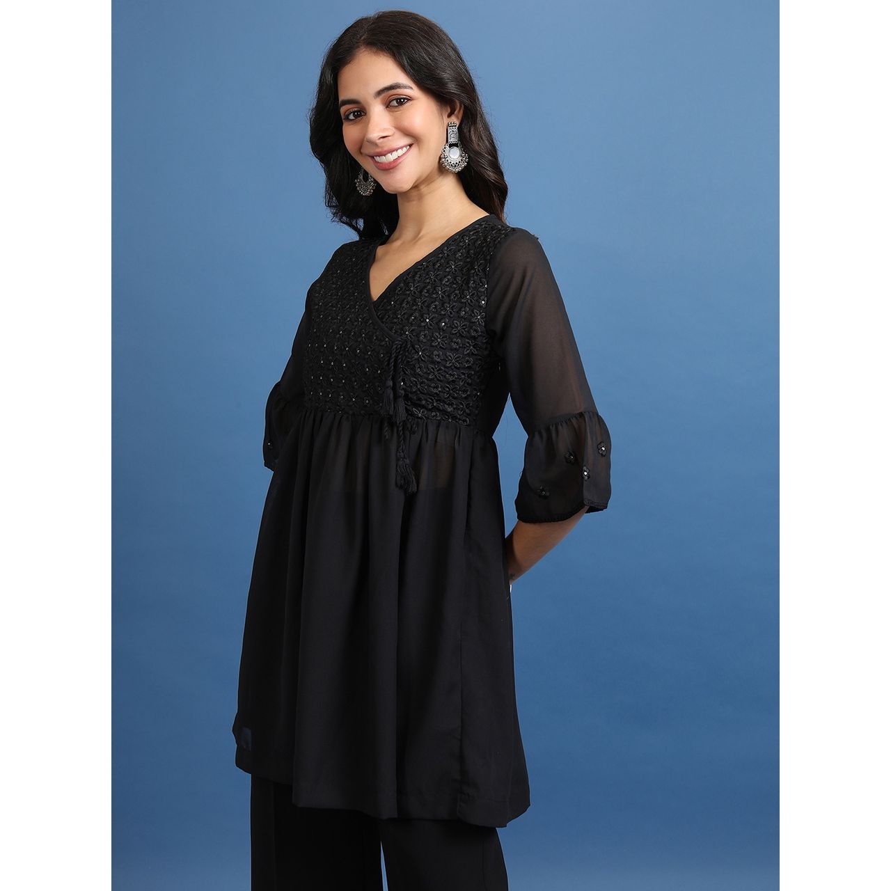Ketch Women's Floral Embroidered Sequinned A-Line Angrakha Kurti | Black | Xl
