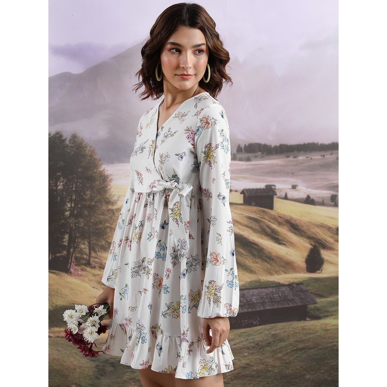 Ketch Women's Floral Printed Cuffed Sleeve Ruffled Wrap Dress | Off White | Xl