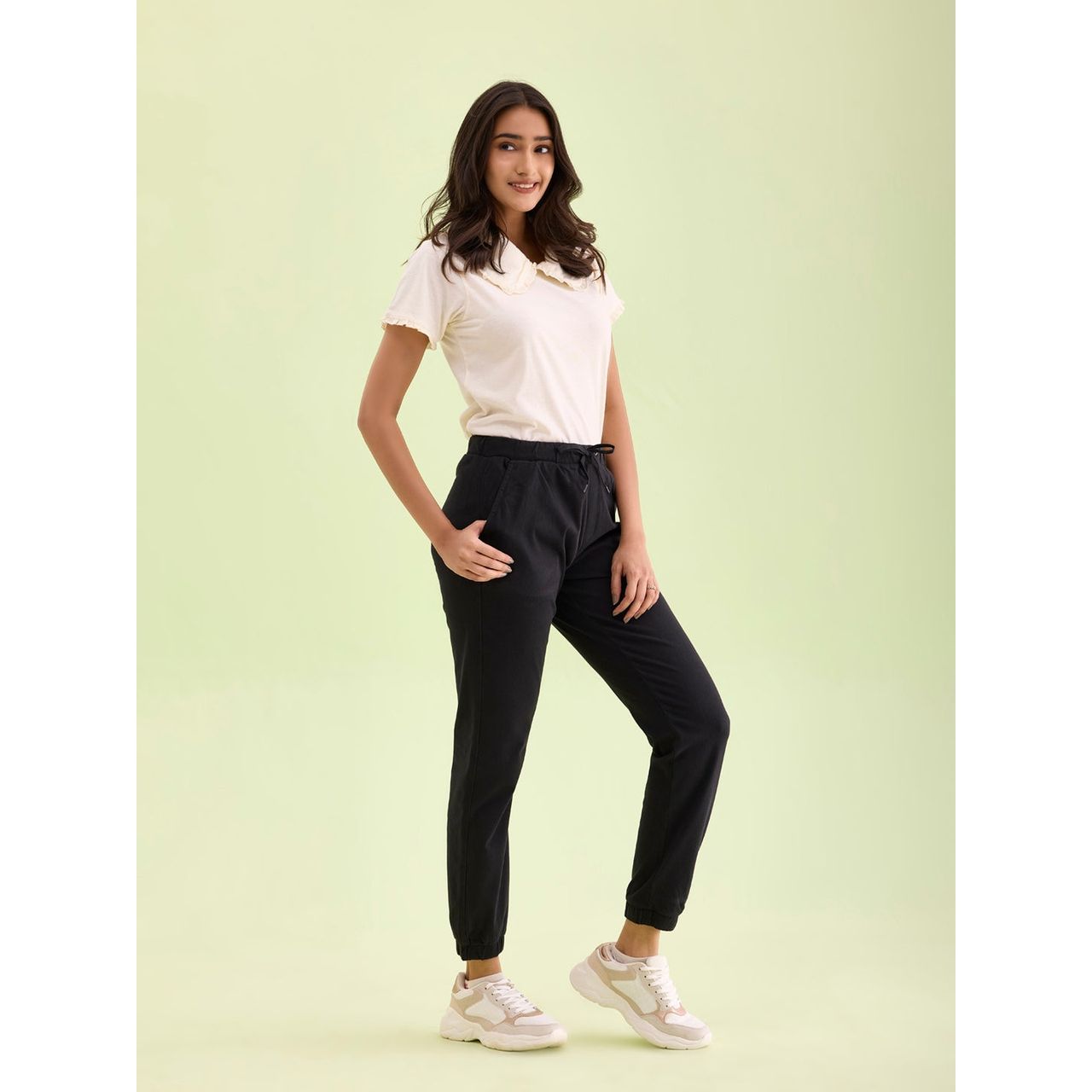 Go Colors Women's Solid Cotton Cuffed Joggers | LJ07 | Black - M