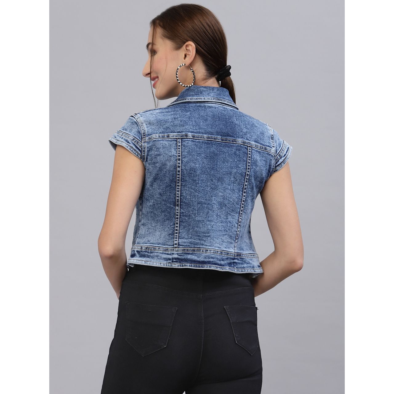 Style Quotient Women Washed Checked Crop Denim Jacket | XL | AW22SQBUBBLY - Dark Blue