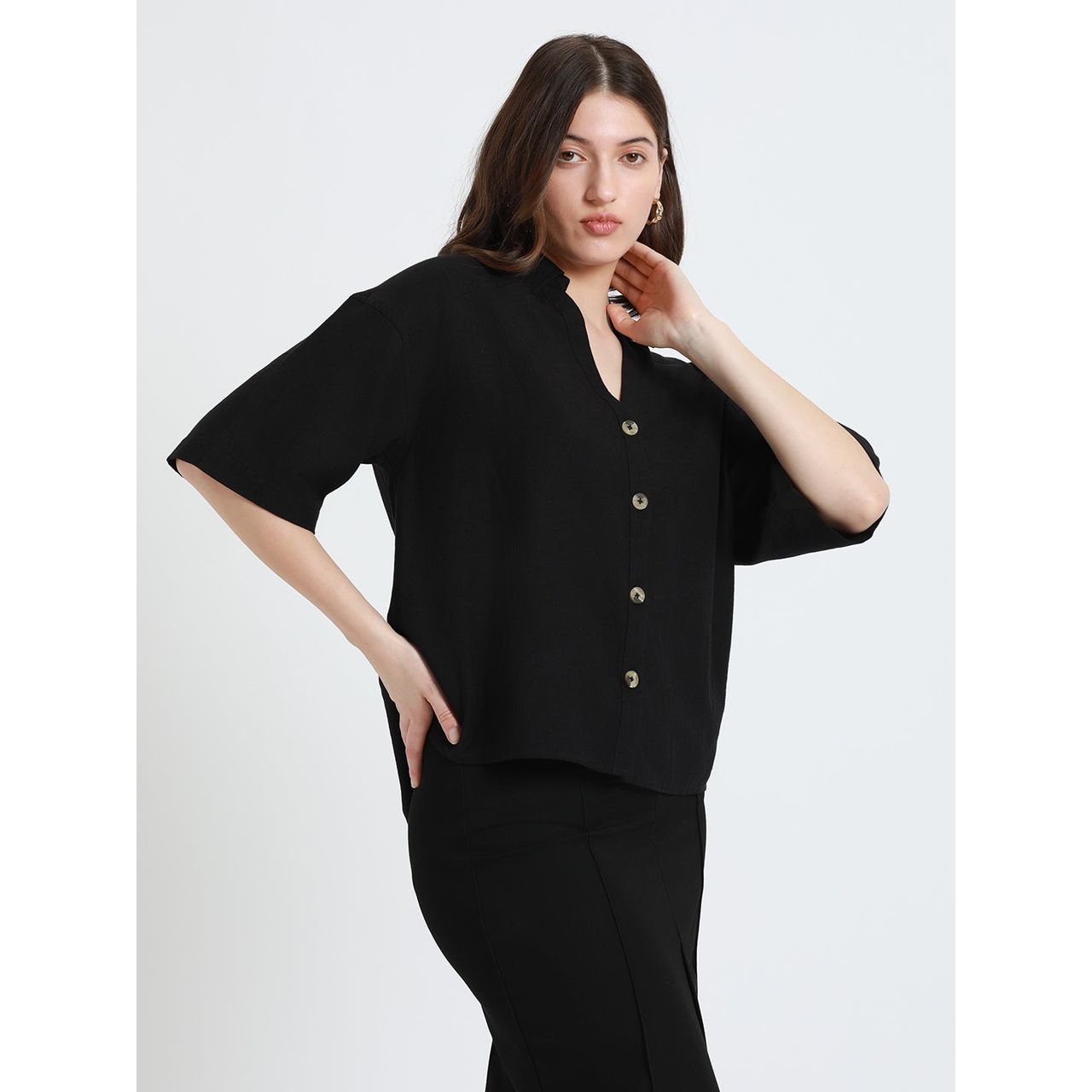 DL Women's Drop Shoulder Casual Oversized Shirt | DLWSHW23005 | Black - L