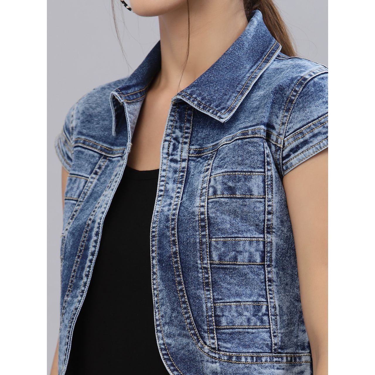 Style Quotient Women Washed Checked Crop Denim Jacket | XL | AW22SQBUBBLY - Dark Blue