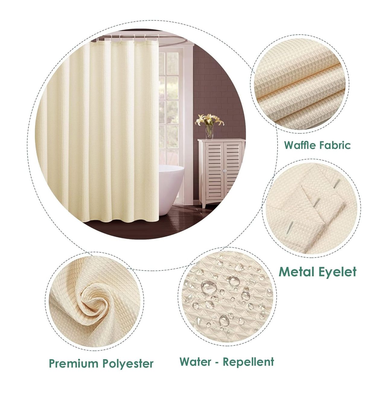 Lushomes Shower Curtain - Cream | Waffle Weave | 12 C-Ring Hooks | Non-PVC | 72 x 78 inch