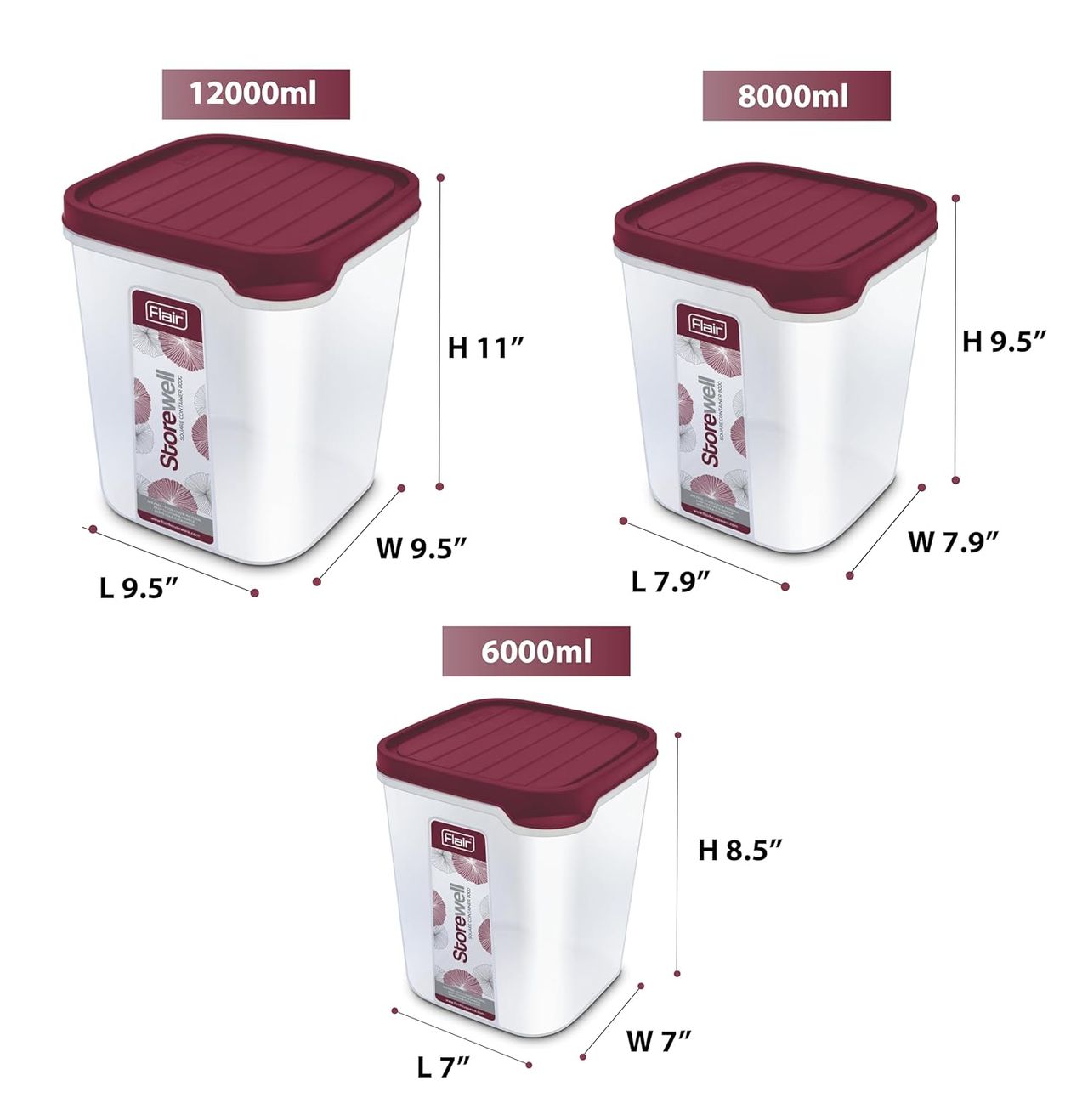 Flair Plastic Storewell Square Food Storage Containers Maroon - Set 3 Pcs (6000Ml,8000 Ml,12000 Ml)