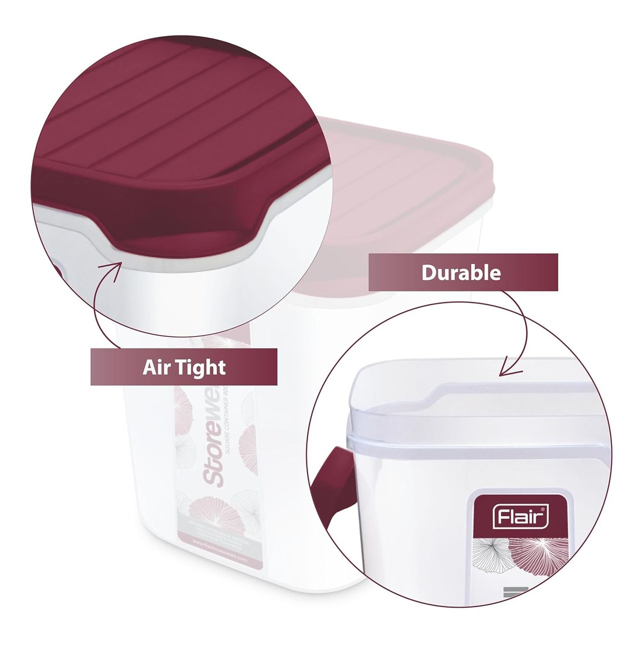 Flair Plastic Storewell Square Food Storage Containers Maroon - Set 3 Pcs (6000Ml,8000 Ml,12000 Ml)