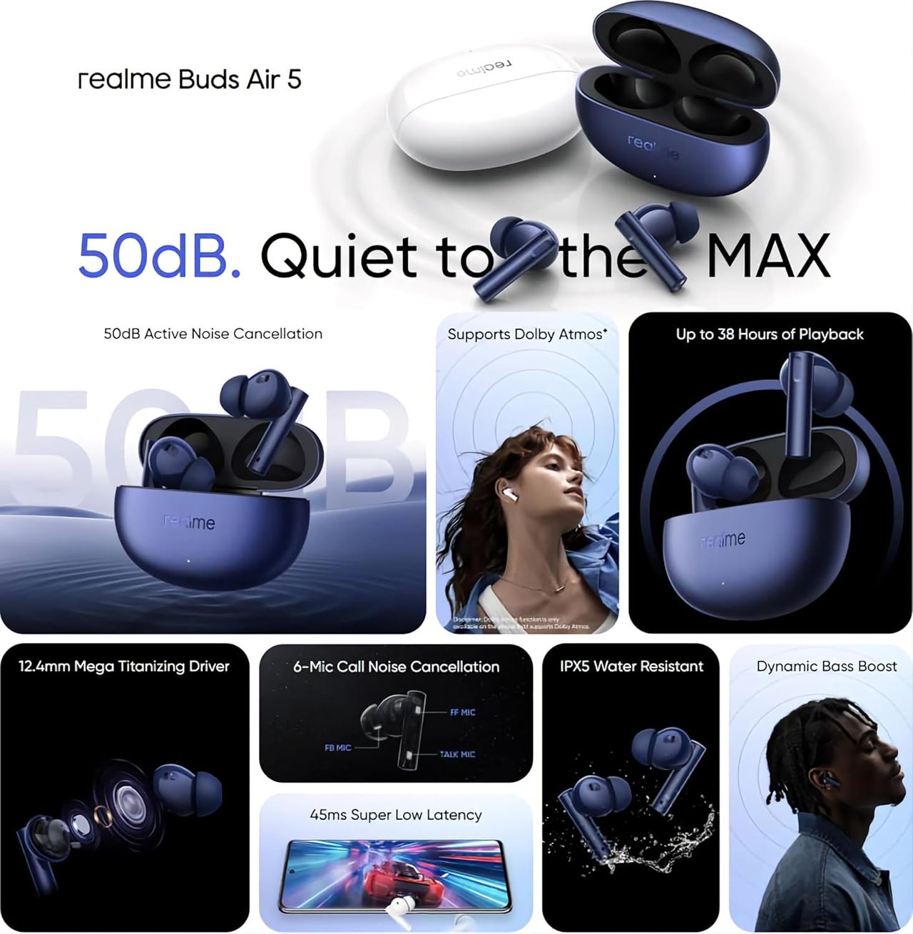 Realme Buds Air 5 With 50Db Anc 12.4Mm Dynamic Bass Driver Upto 38Hr Playback - Deep Sea Blue