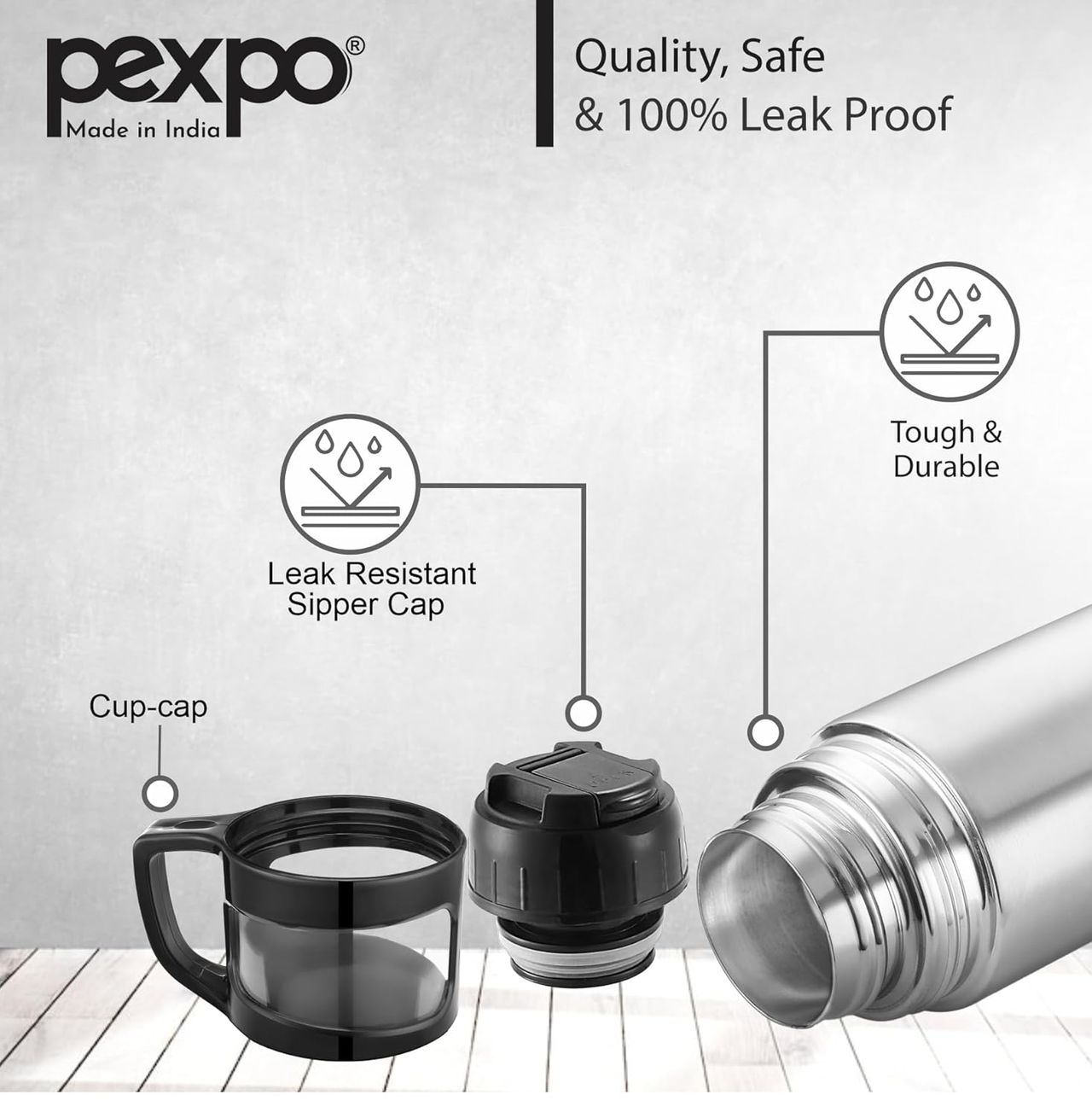 Pexpo Fererro ISI Certified Vacuum Insulated Hot/Cold Steel Flask With Jute Bag - 1.5 L | Silver