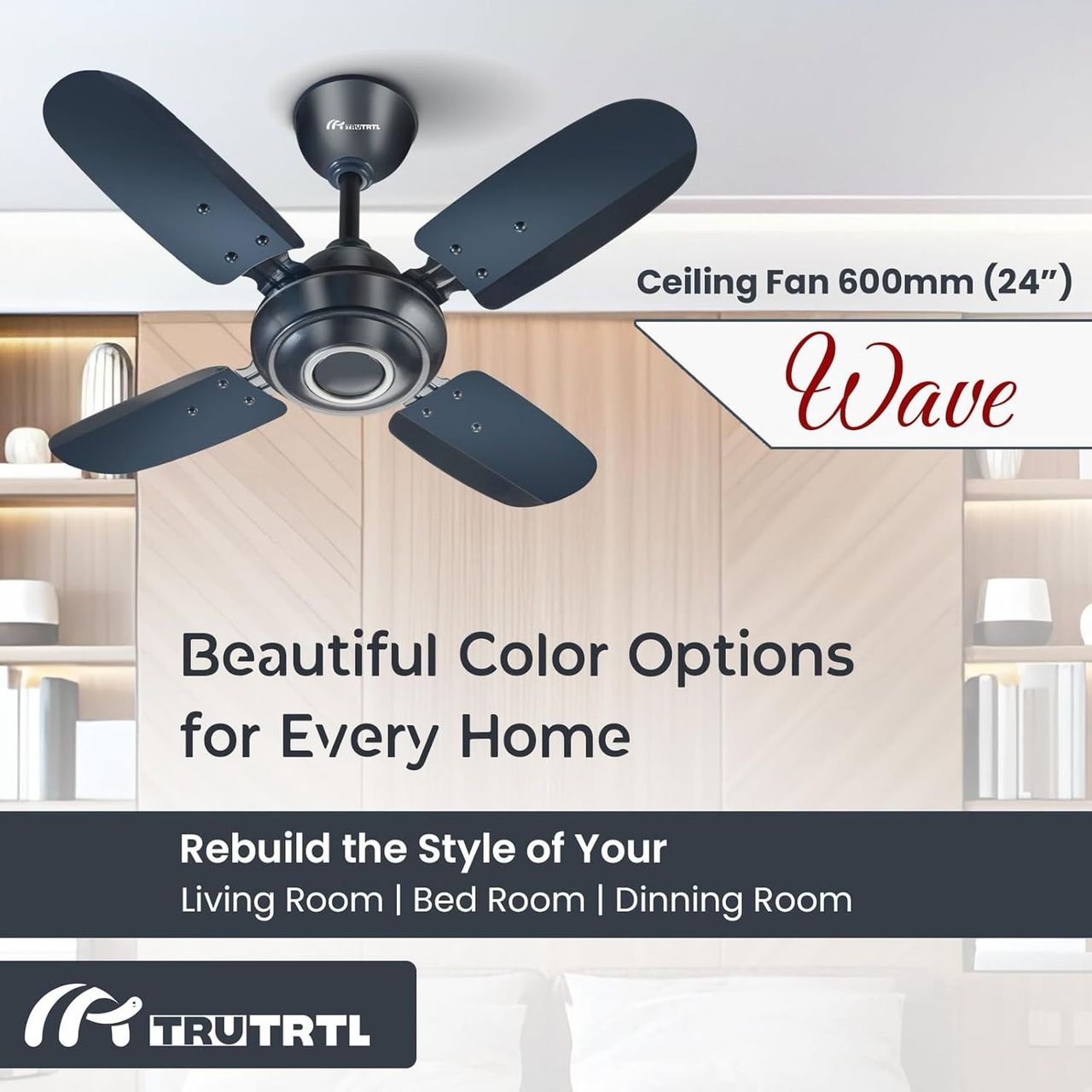 TruTRTL Wave Ceiling Fan, 600mm/24 Inch, High-Speed, Energy Saving,Durable & Stylish, Metallic Blue