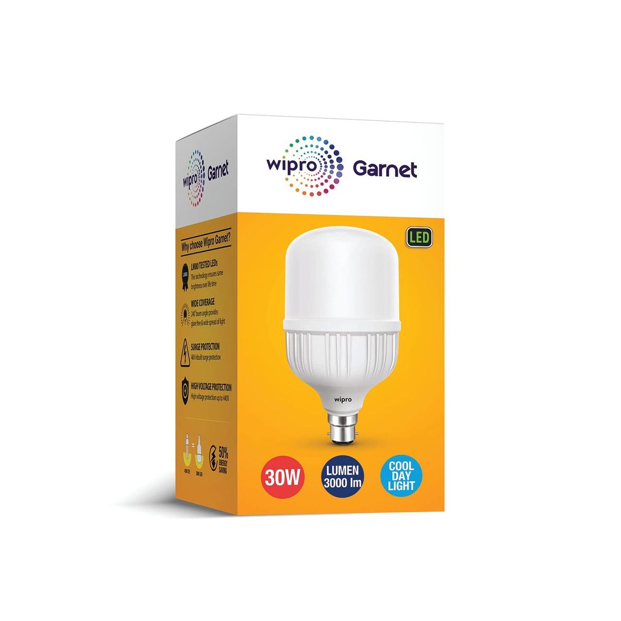 Wipro Garnet 30W High Wattage LED Bulb | Cool Day White (6500K) | B22 Base Holder
