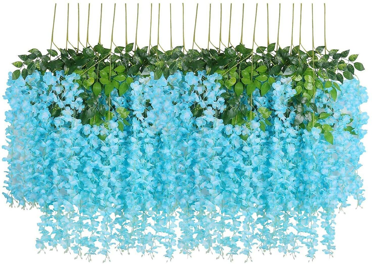 Well Art Gallery Artificial Wisteria Hanging Flowers Vines String Decorations (Pack Of 6,Sky Blue)