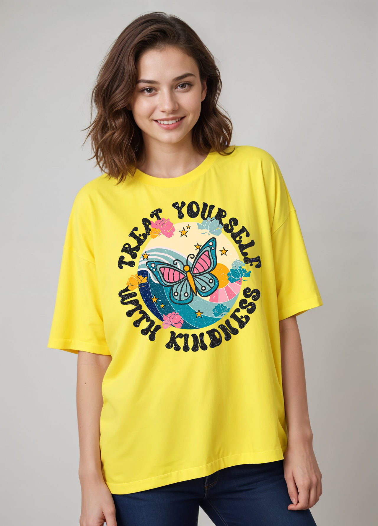 Smartees Women's Oversize Printed T-shirt | WW - 2057 | Lemon - L