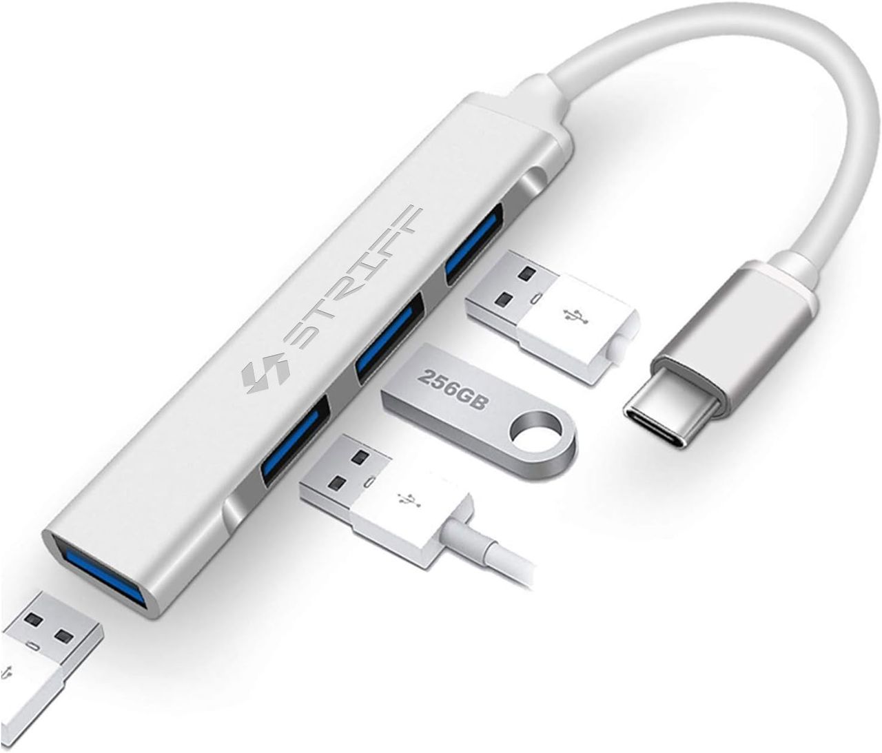 Striff 4-in-1 USB Type-C Hub, Multiport Adapter, USB-C to USB Connector - Silver