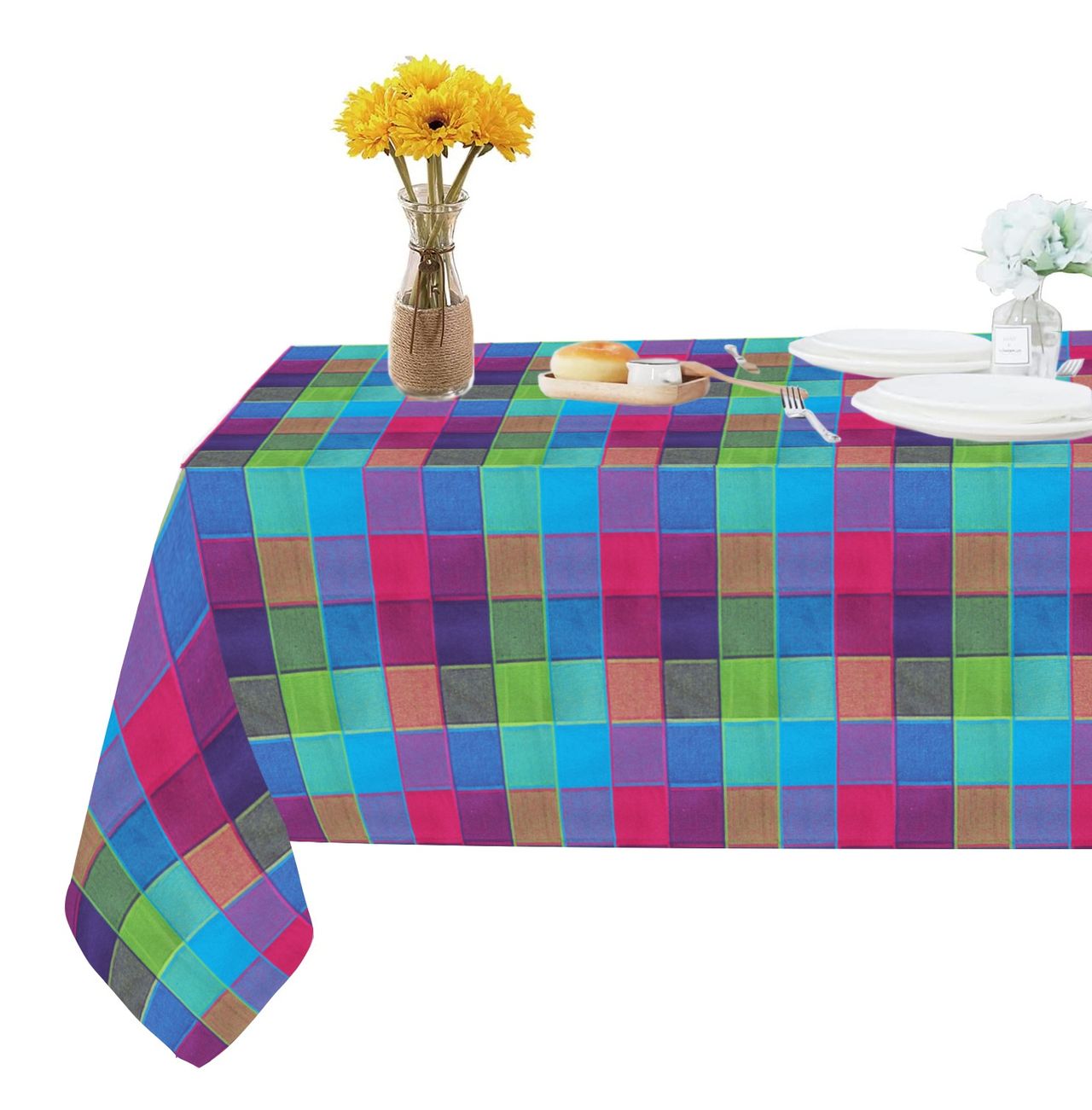 Lushomes Table Cloth - Multi Checks | Cotton | Square | 60 x 60 inch | 5 x 5 ft
