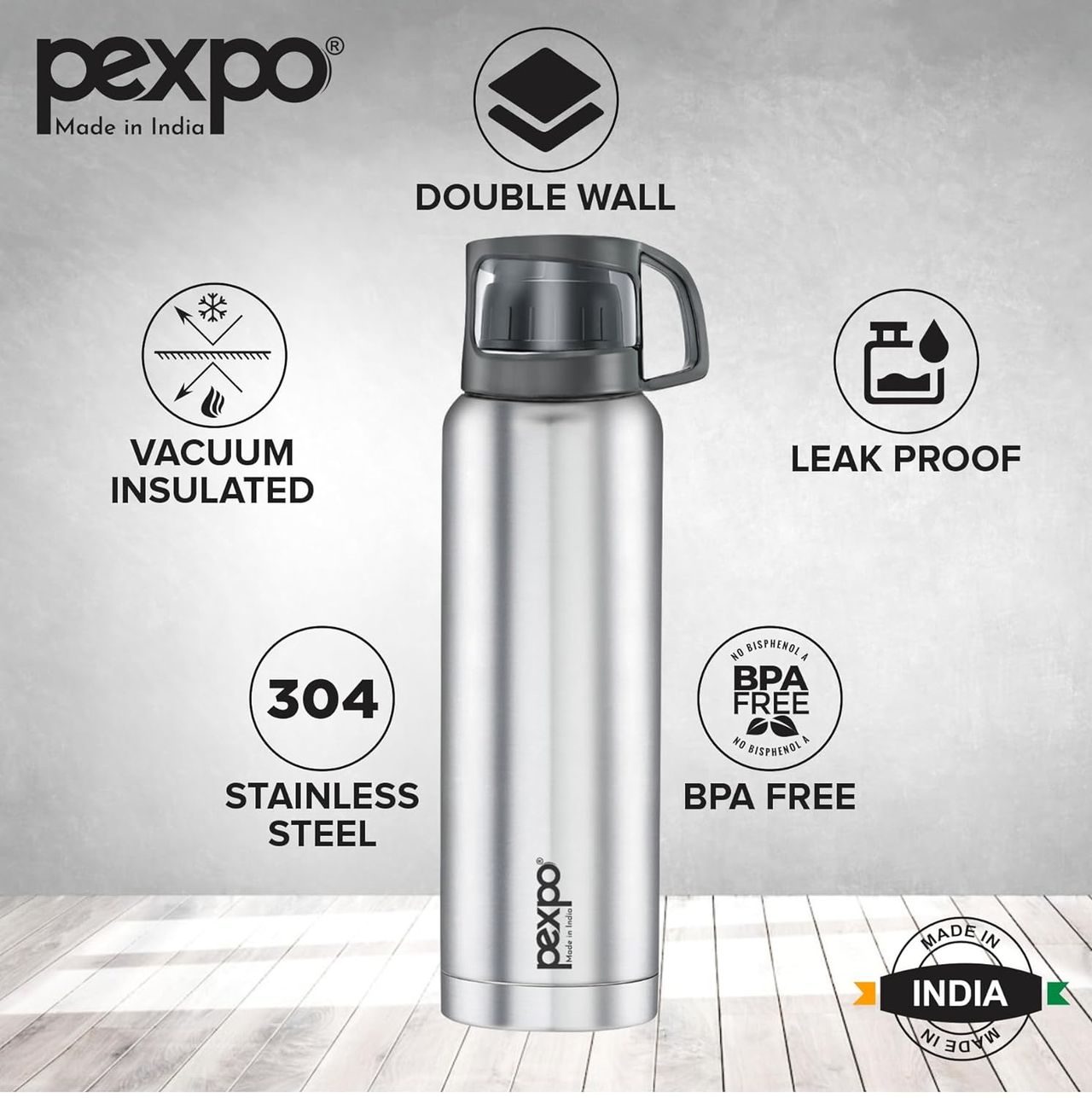 Pexpo Fererro ISI Certified Vacuum Insulated Hot/Cold Steel Flask With Jute Bag - 1.5 L | Silver