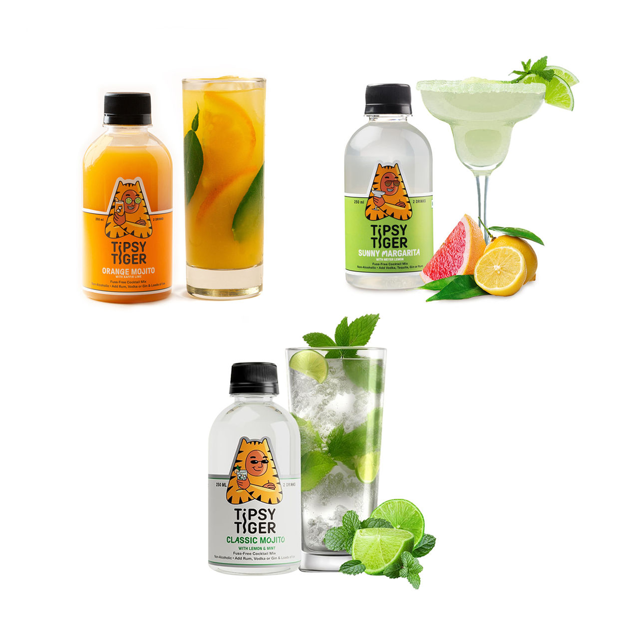 Tipsy Tiger - Orange & Kaffir Lime Mojito Cocktail Mixer(250ml), Tipsy Tiger Sunny Margarita With Meyer Lemon(250ml) & Tipsy Tiger Classic Mojito With Lemon & Mint(250ml) Combo