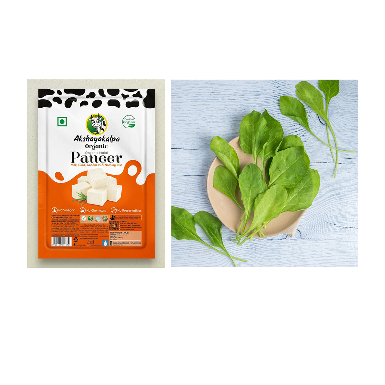 Akshayakalpa Organic Malai Paneer(1pc) & Spinach - Cleaned, Without Roots(1pc) Combo