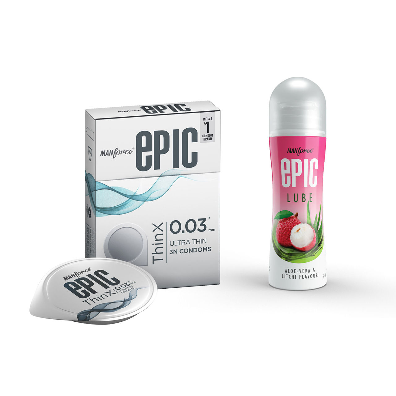 Manforce Epic Thinx Ultra Thin Condoms(3pc) & Manforce Epic Lube - Aloe-Vera & Litchi(60ml) Combo