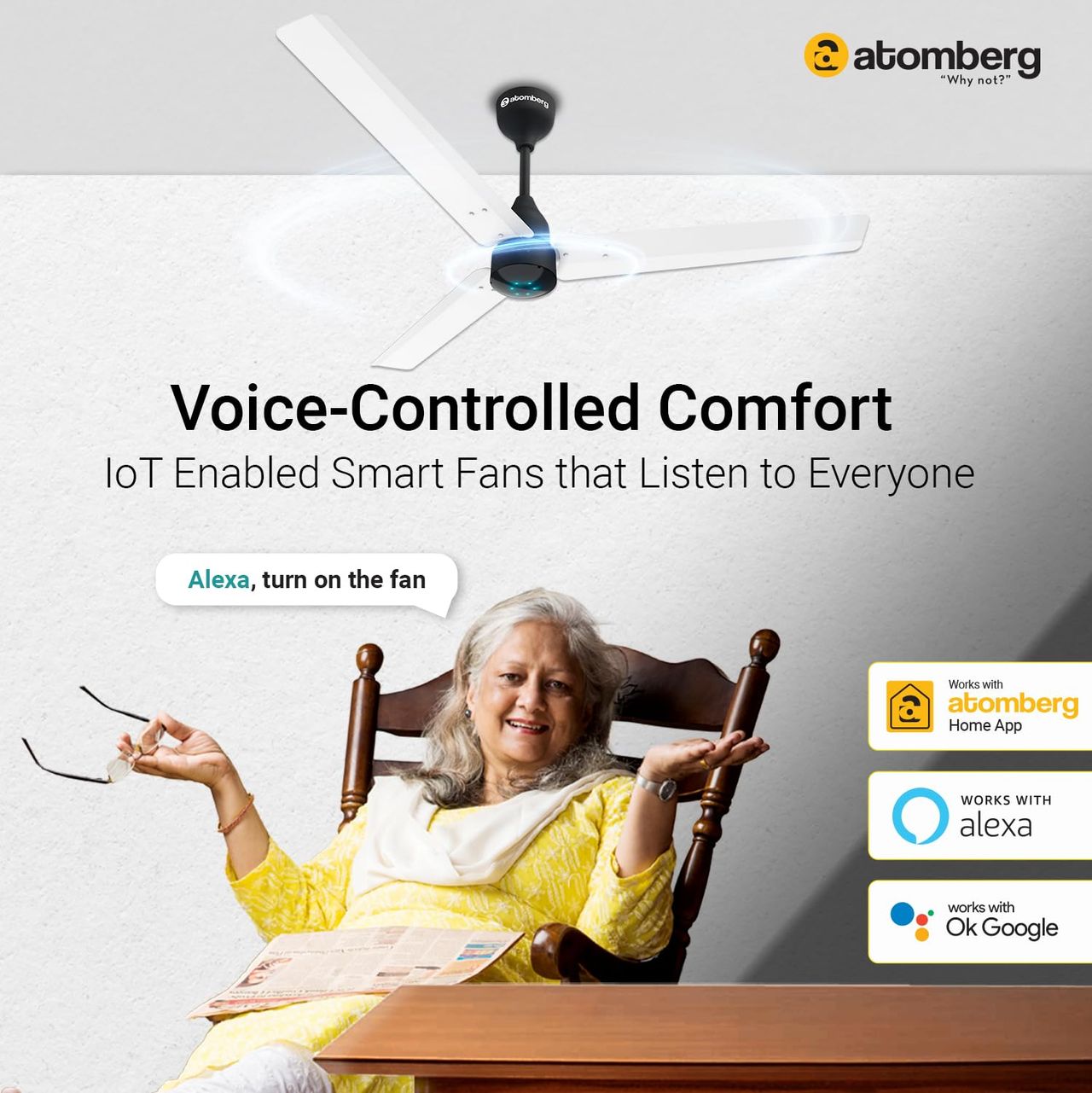 Atomberg Renesa Smart BLDC Ceiling Fan, 1200mm, with IoT & Remote, LED Indicators, White & Black