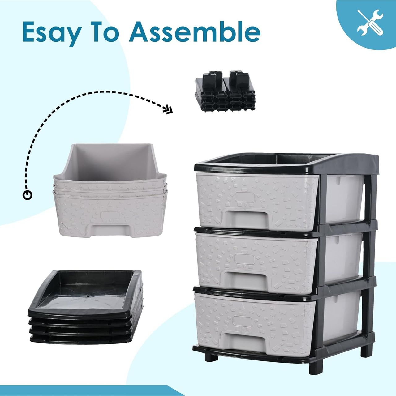 Kuber Industries Modular 3-Layer & 53 L Plastic Drawer Storage Organiser | Black & Grey