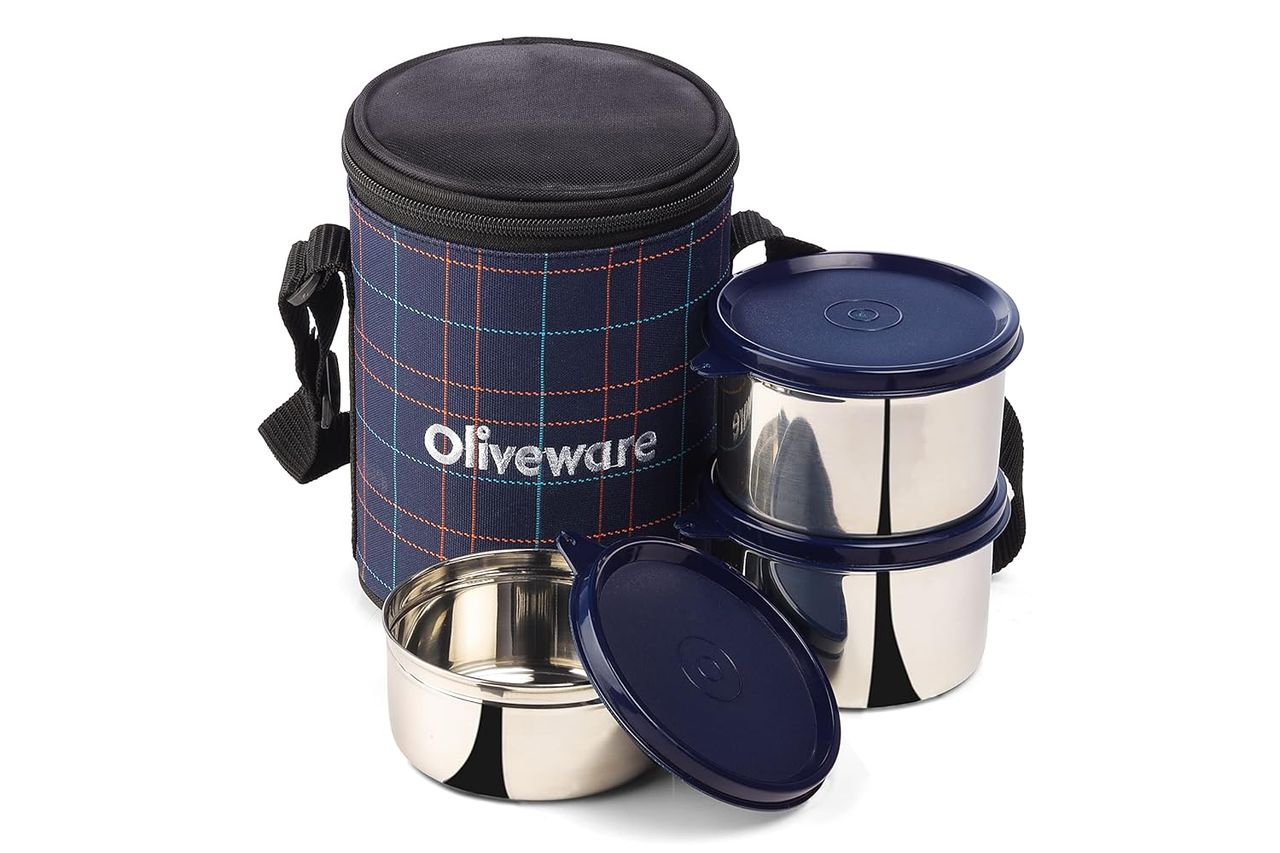 Oliveware Absolute Lunch Box, 3 Stainless Steel and Leak Proof Containers with BPA Free Lids- Blue