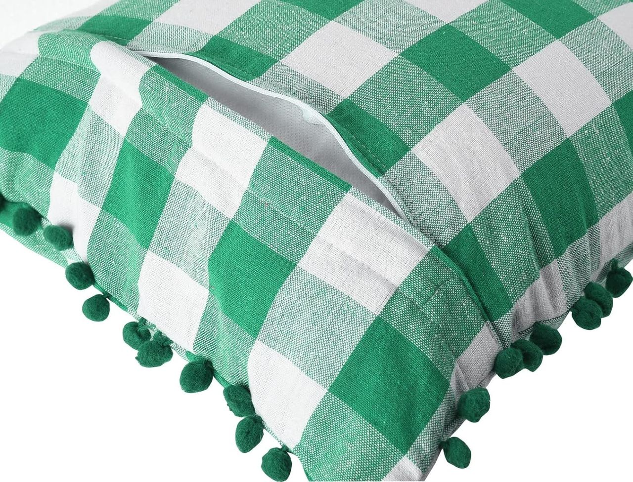 Lushomes Cotton Cushion Covers - Green and White Checks | 24 x 24 inch | with Pom Pom