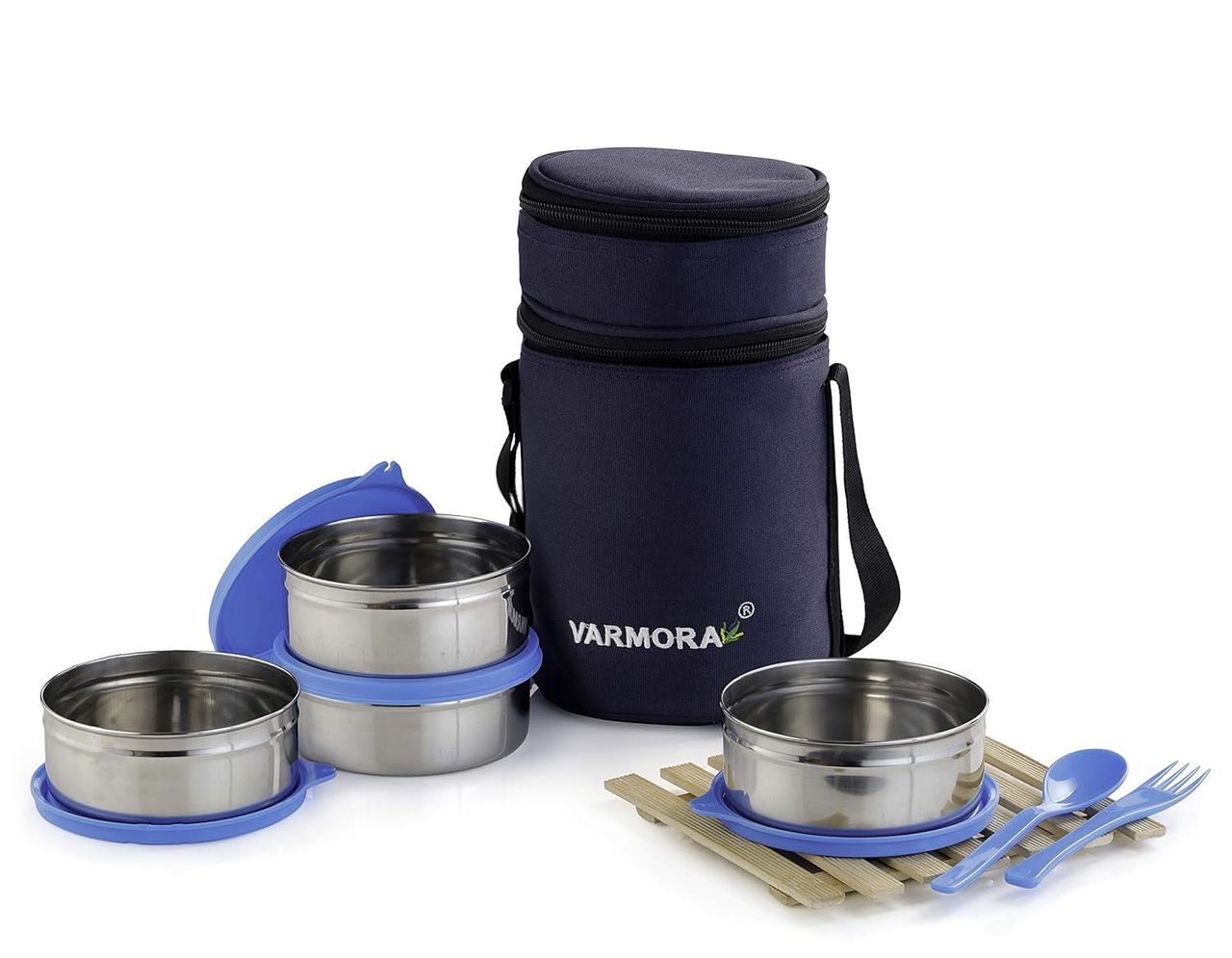 Varmora SS Quattro Lunch Box, Blue- 4 Storage Containers (390 ml each) with Spoon and Fork