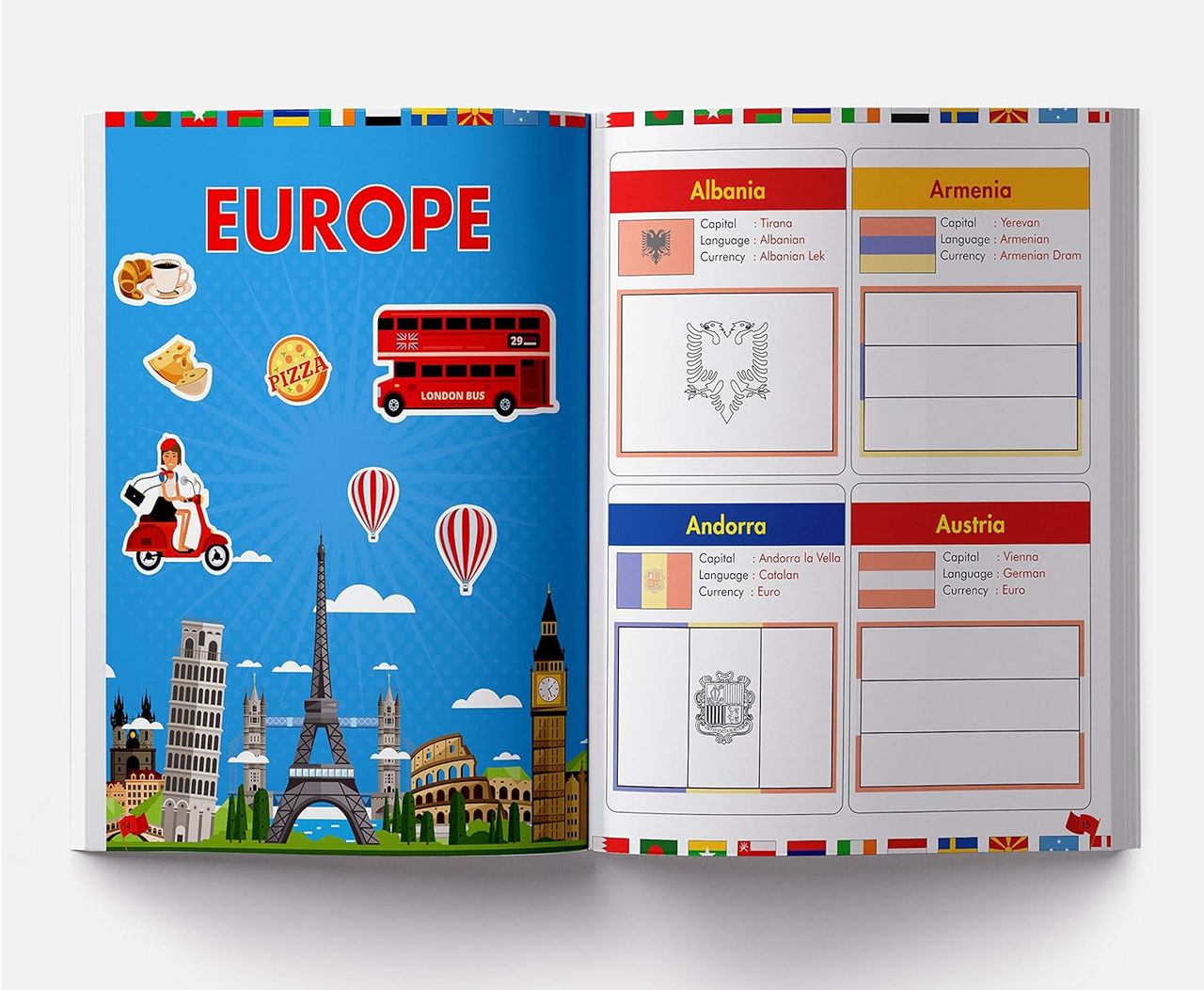 Flags Of The World- Sticker Coloring Activity Book For Children Country Capital Language & Currency