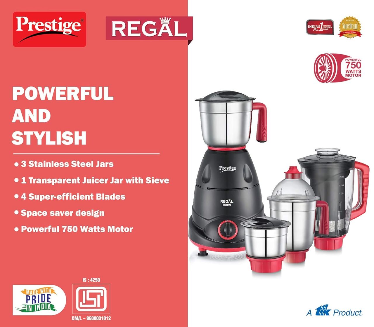 Prestige Regal Mixer Grinder | 750 W | 4 Jars - Black & Red