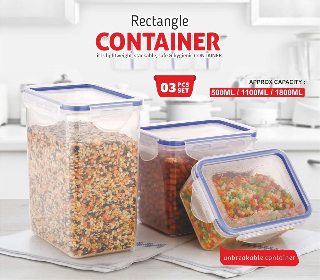 Clazkit Rectangle Plastic Storage Jar and Container Set of 3 |Transparent |500ml, 1100ml, 1800ml