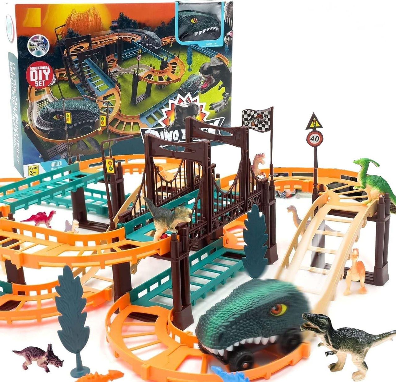 Toyshine 48 Pcs Diy Flexible Dino Track Set Toy Build With Multiple Layouts With Battery Operated
