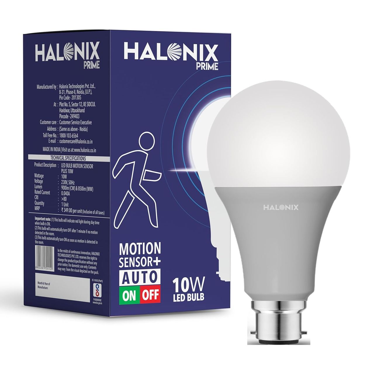 Halonix 10W AutoOn Auto Off Motion Sensor, White Led Bulb | B22 Base Holder