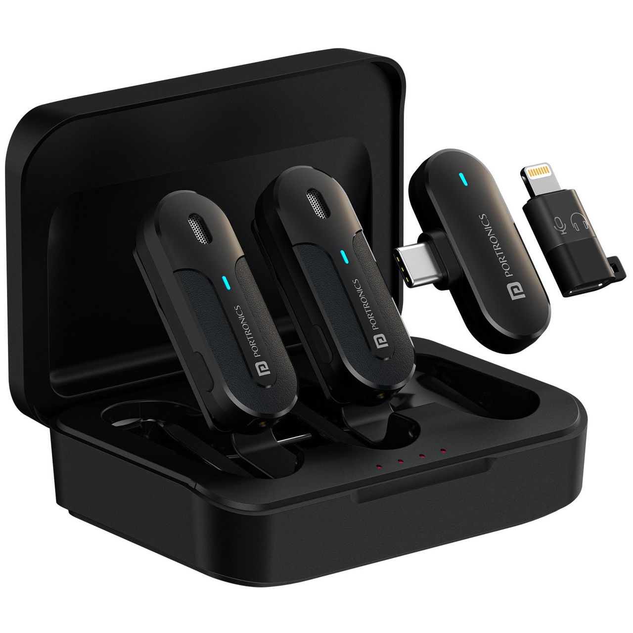 Portronics Vlogmate 2 Dual Microphone with Charging Case, Type C & 8 Pin Receiver(Black)