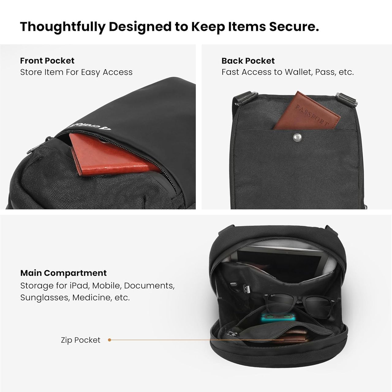 Craloft Side Sling Bag for Men and Women, Medium Crossbody Travel Chest Bags with USB Port (S7)