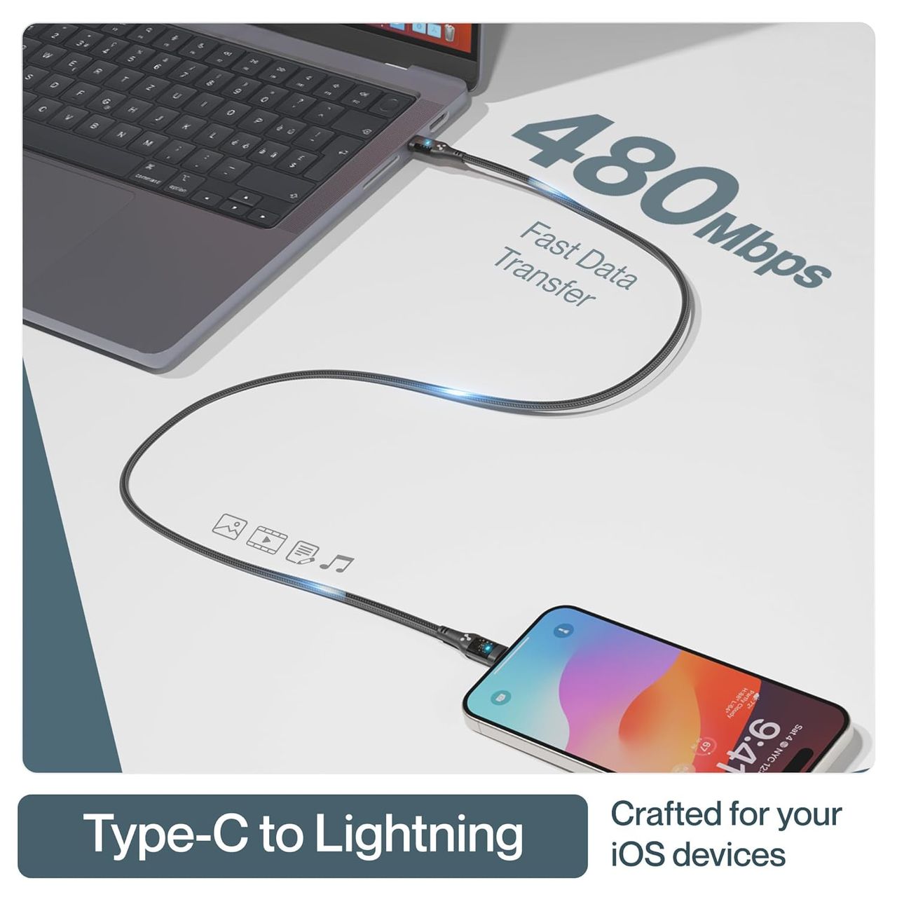 Ambrane ABTL-12T Type C to Lightning 1.2 mtr Cable - 10000+ Bend Lifecycle | PVC-Coated Connector