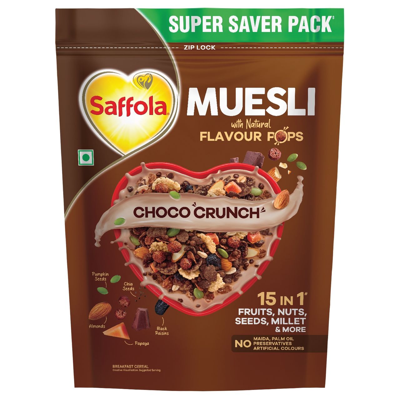 Saffola Muesli Choco Crunch With Flavour Pops 15 In 1 Fruit And Nuts | Seeds | Millet & More