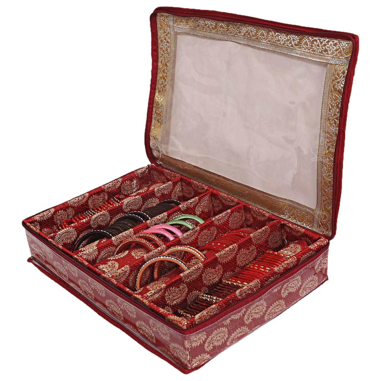 Kuber Industries Multipurpose Teardrop Pattern 5 Rod Bangle Box with Transparent Top (Red)