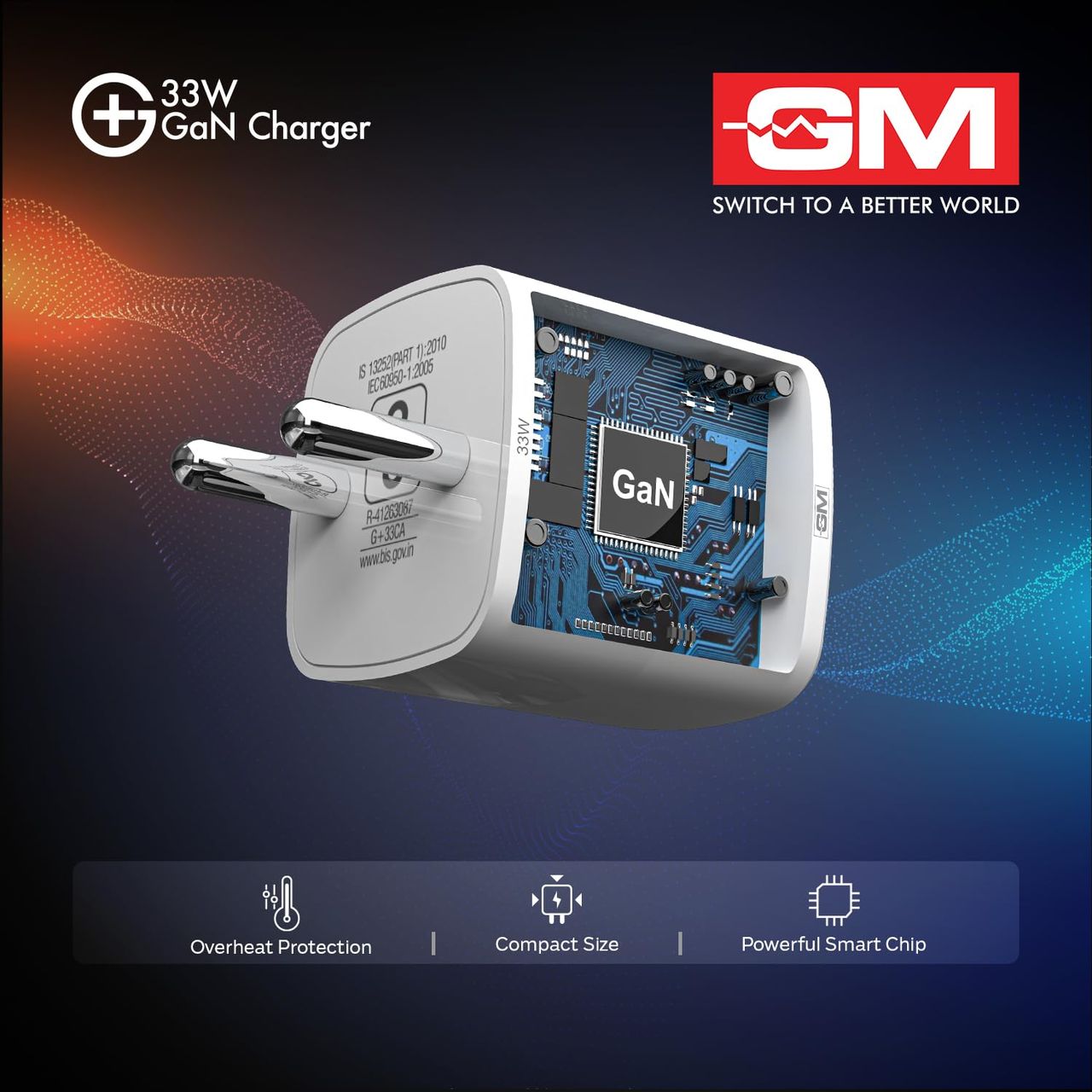 Gm G+ 33W Wall Charger, Gan Technology, Over Heat Protection, Qc Dual Port, 3.0 Type C & A Port