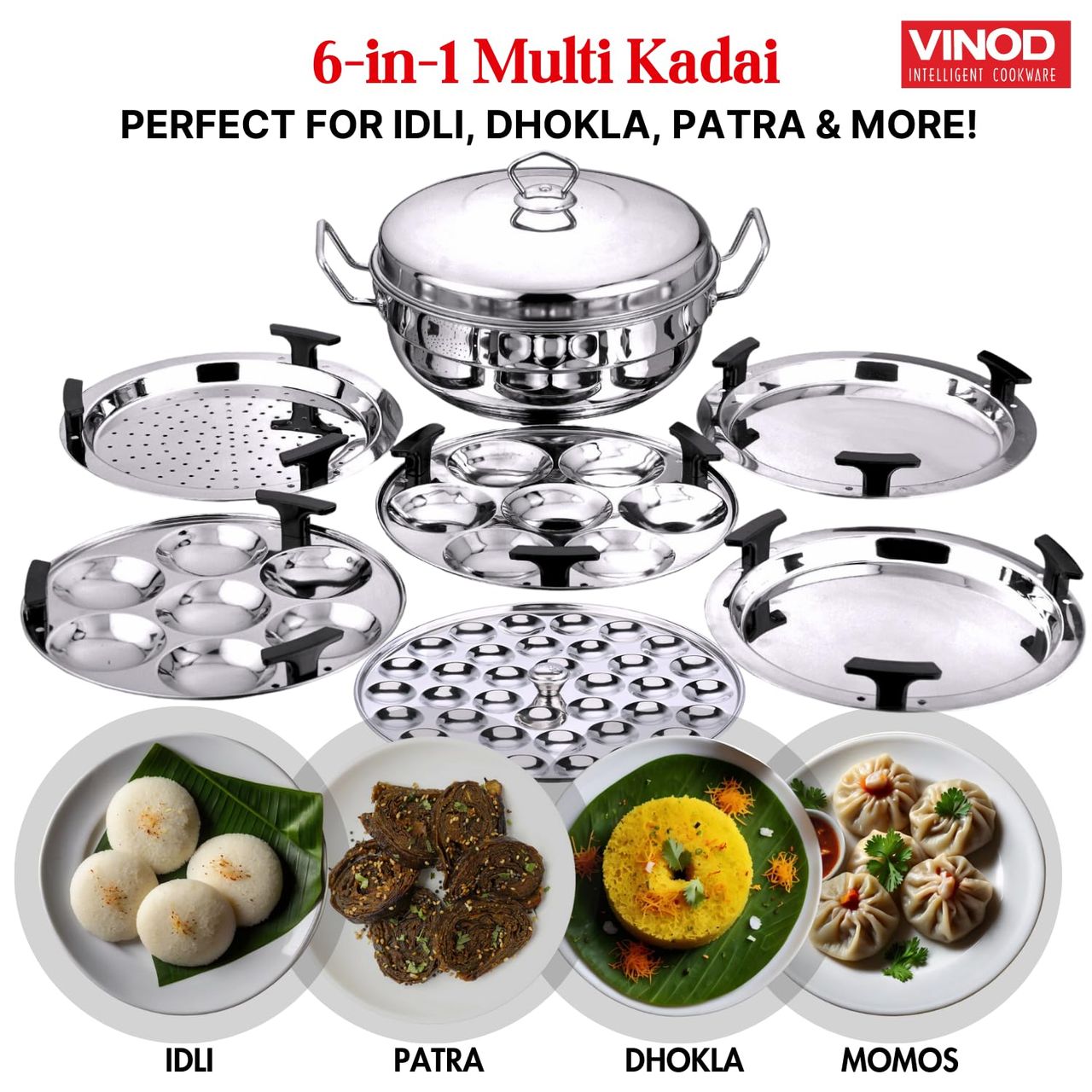Vinod Stainless Steel 6 Pcs Deluxe Multi Kadai