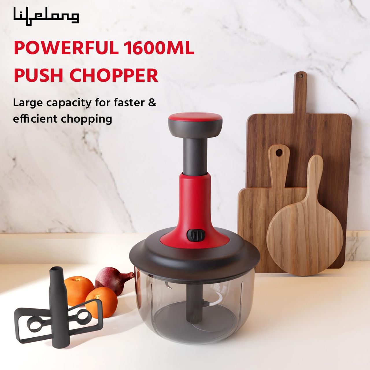 Lifelong Push Chopper 1600 ml with Whisker|Versatile Multi-Purpose Vegetable Chopper