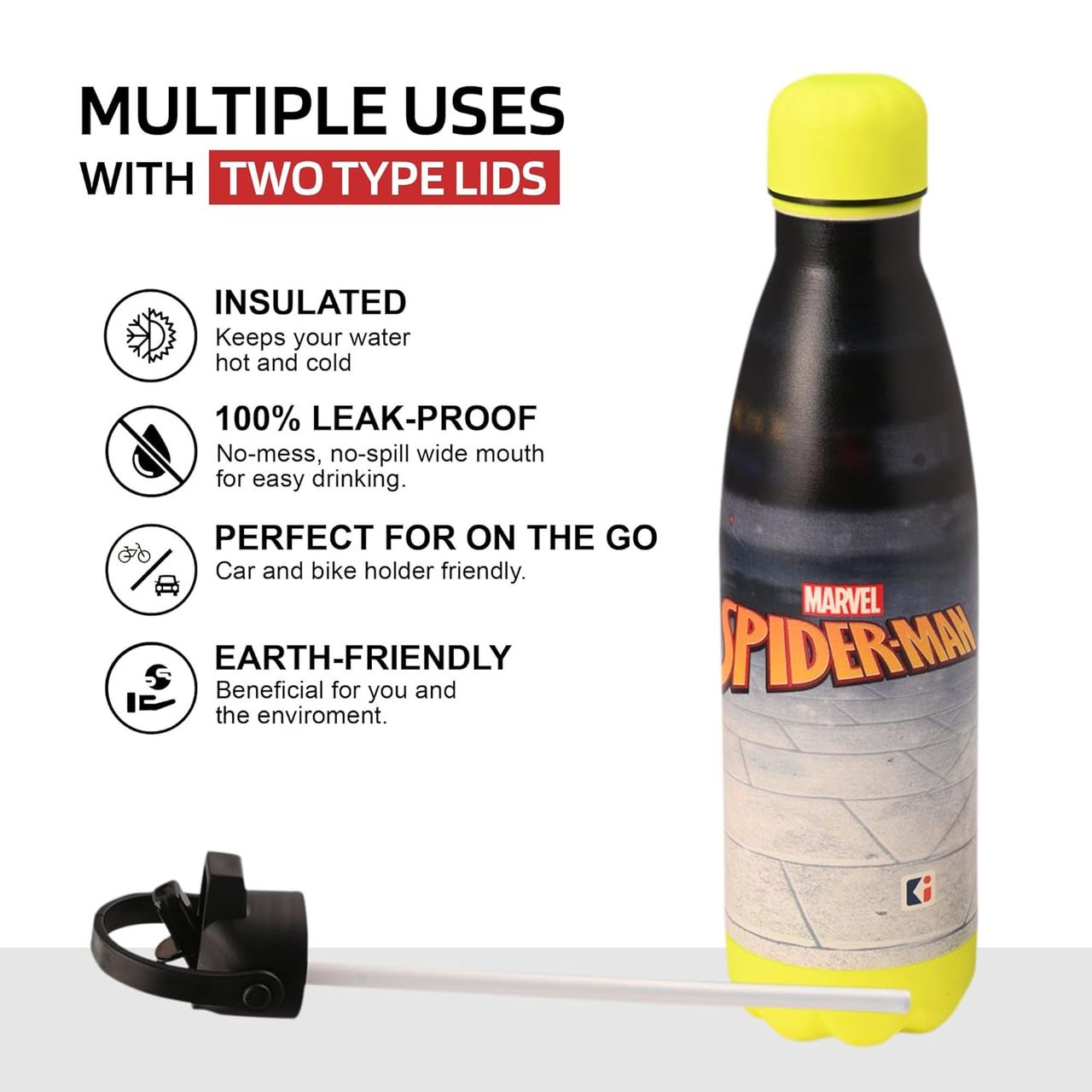 Kuber Industries Marvel Spiderman 500 ml Insulated Sipper Water Bottle with 2 Lids & Straw | Red