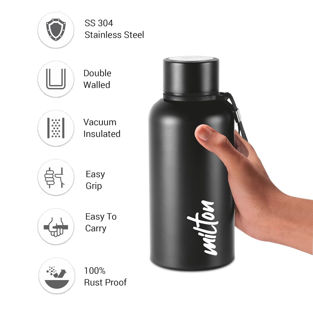 Milton Aura Thermosteel Bottle - 520 ml | Black | 24 Hours Hot And Cold