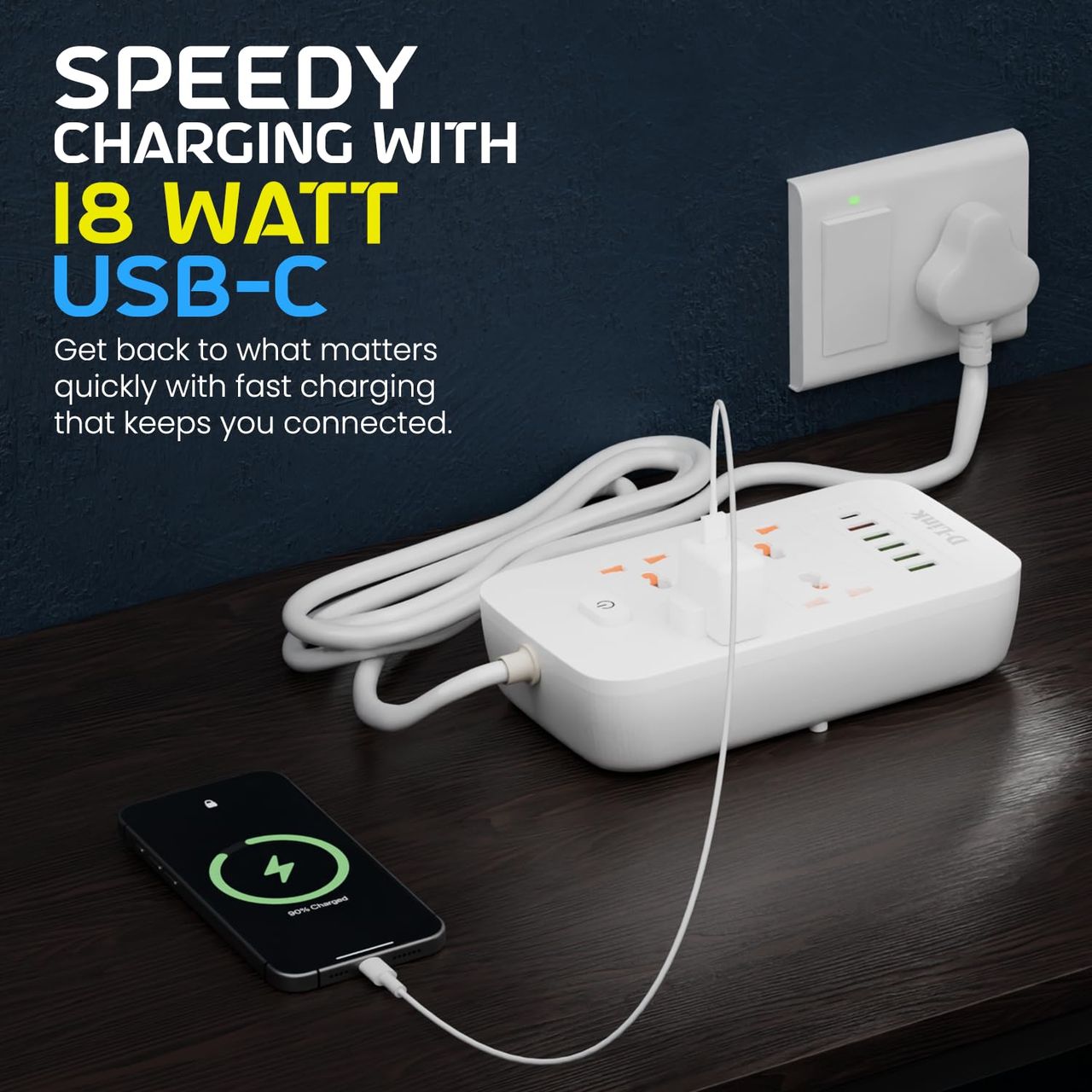 D-Link Power Strip with 4 Universal Sockets with Child Security + 5 USB Ports + 1 Type-C Port,1500W