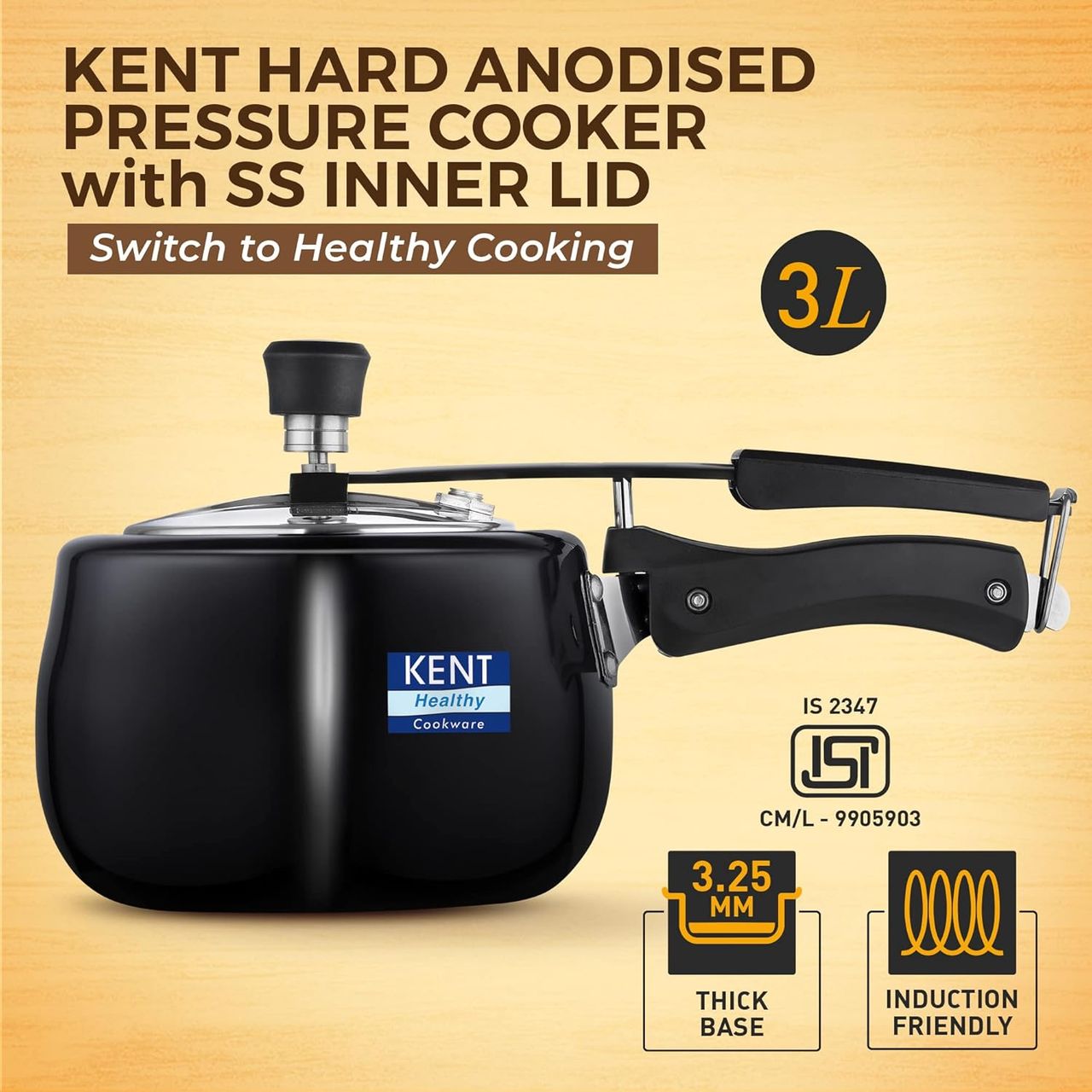 Kent Hard Anodised Pressure Cooker 3L with SS Inner Lid 3.25 mm Thick Base Induction Compatible