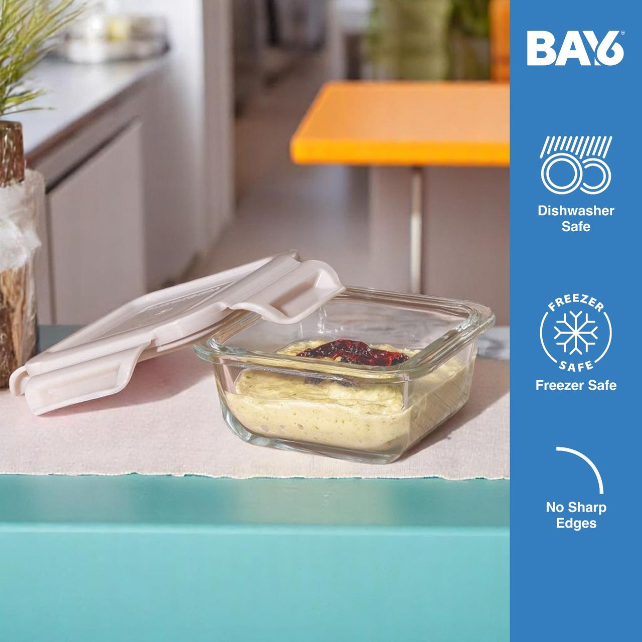 BAY6 Premium Imported Borosilicate Glass Container with Lid 150 ml - Square - Beige
