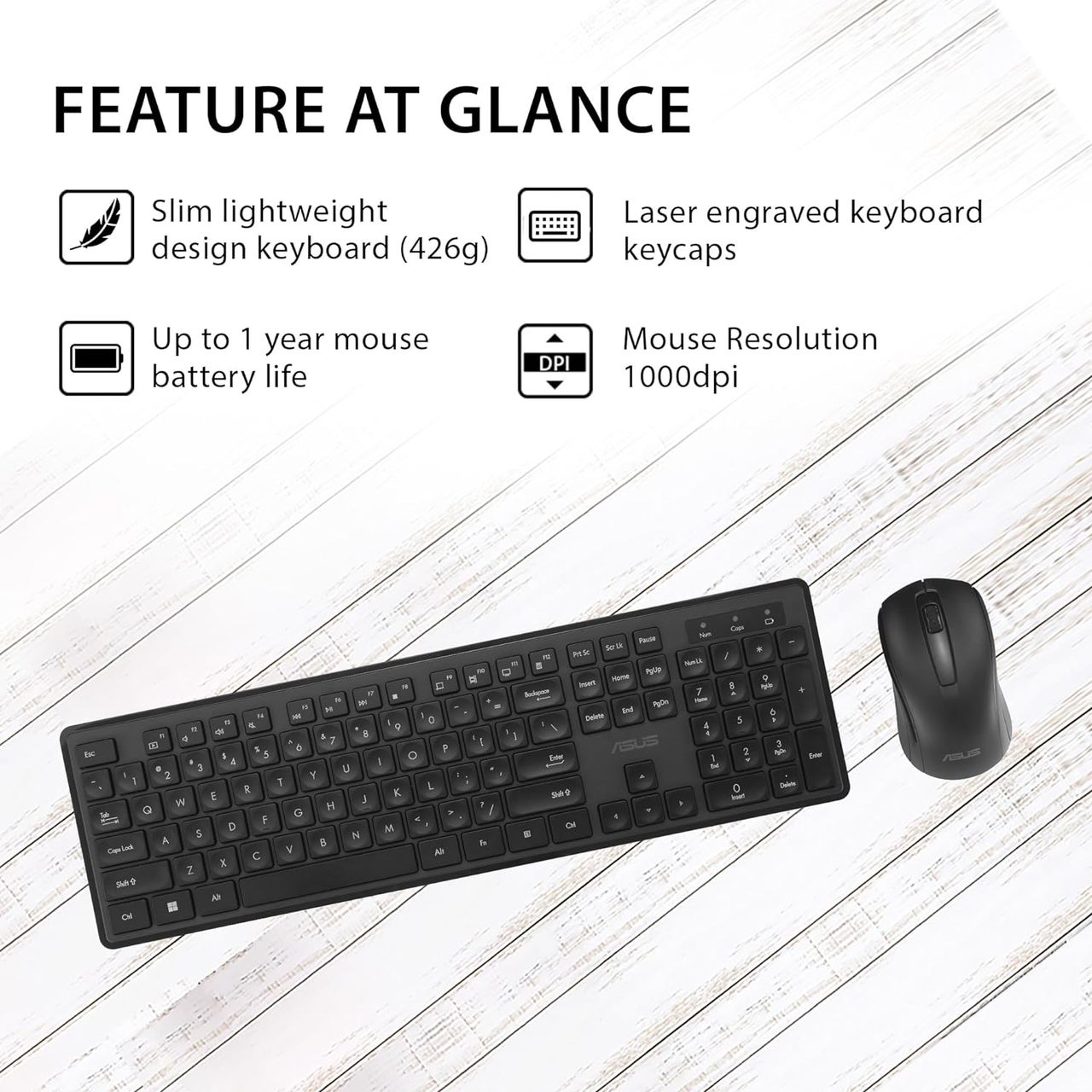 Asus Wireless Keyboard And Mouse Set Cw101|Upto 1000 Adjustable Dpi|2.4 Ghz Nano Receiver|Black|