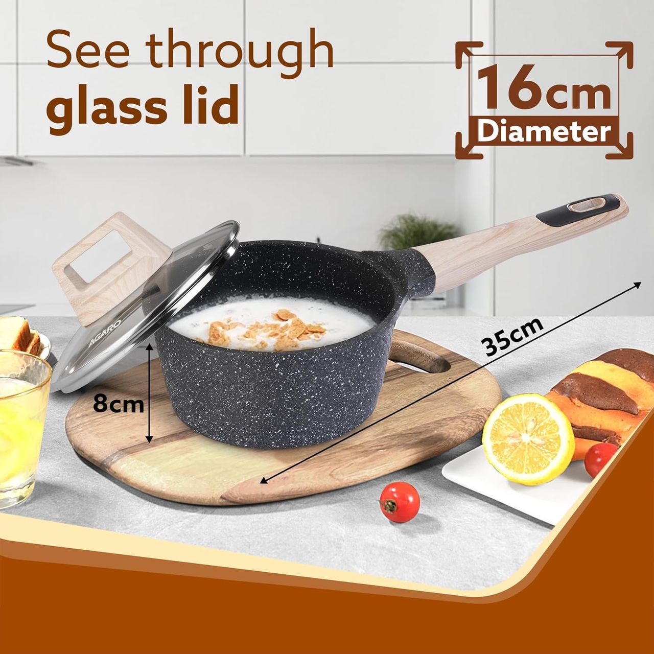 AGARO Imperial Granite Non stick Sauce pan with Glass Lid, 1.5L / 16cm