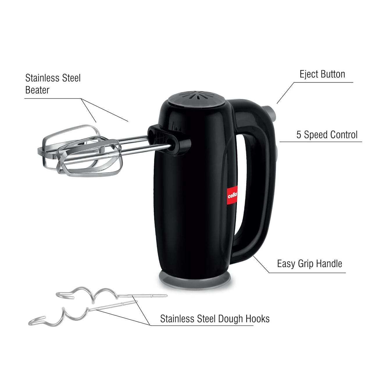 Cello Besto Hand Beater | 5 Variable Speed Controls | (300W Powerful Motor With Body) | Black