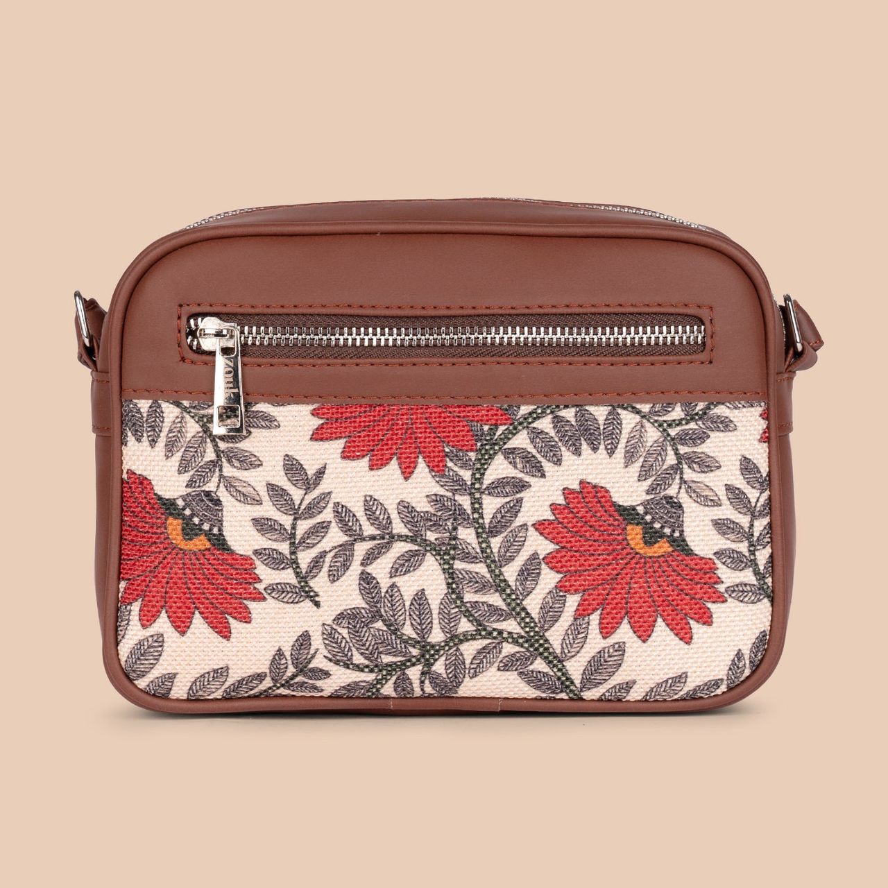 Zouk Women's Floral Vegan Leather and Handcrafted Fabric 2.4 L Sling Bag | Beige and Red - One Size