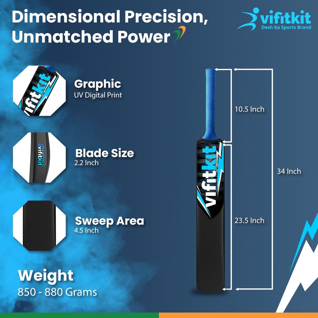 VFK by Xtrim Plastic Cricket Bat |34 x 4.5 Inch with Anti Slip Rubber Grip - Artic Blue